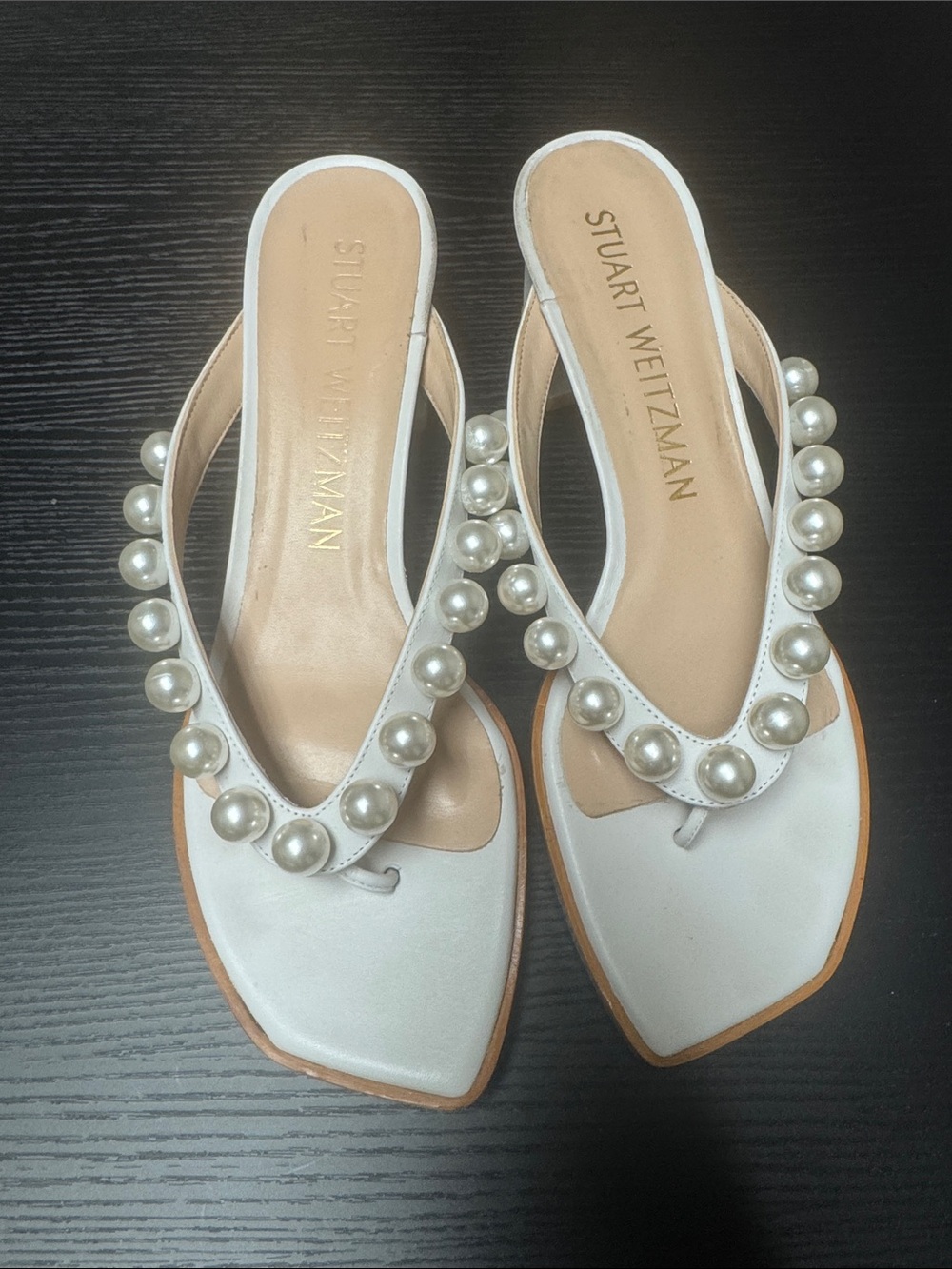 Stuart Weitzman White Pearl-Embellished Toe-Loop Mules